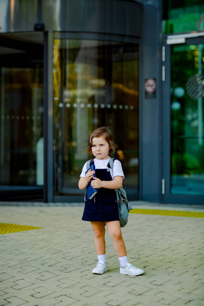 a beautiful Caucasian girl, a schoolgirl, is standing near the school, with a backpack and holding a diary in her hands - Фото, изображение