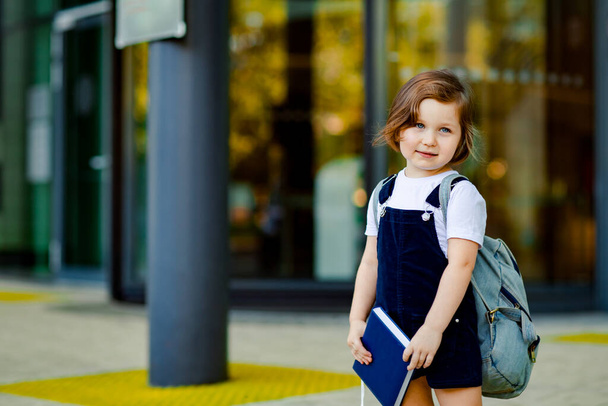 a beautiful Caucasian girl, a schoolgirl, is standing near the school, with a backpack and holding a diary in her hands - Foto, Imagen