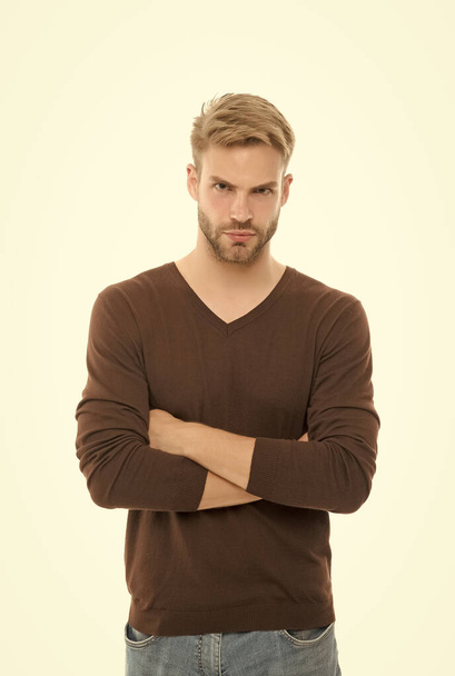 his perfect style. young guy with bristle isolated on white. male beauty. barbershop concept. grooming and hair care. Menswear and fashionable clothing. handsome unshaven man wear casual clothes - Foto, imagen