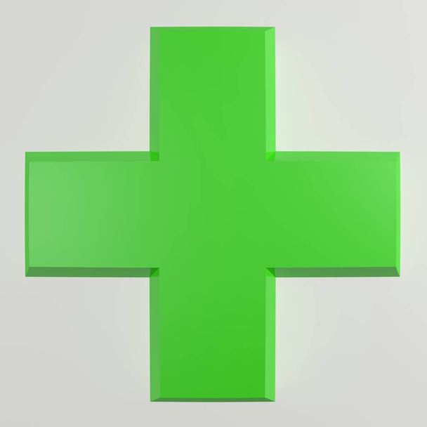 Groen glanzend kruis op witte achtergrond - 3D weergave illustratie - Foto, afbeelding