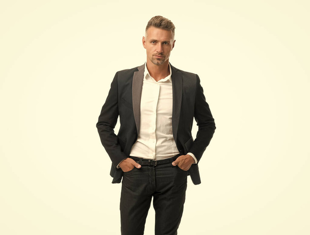 Building stylish wardrobe. Businessman wear suit isolated on white. Capsule wardrobe - Fotografie, Obrázek