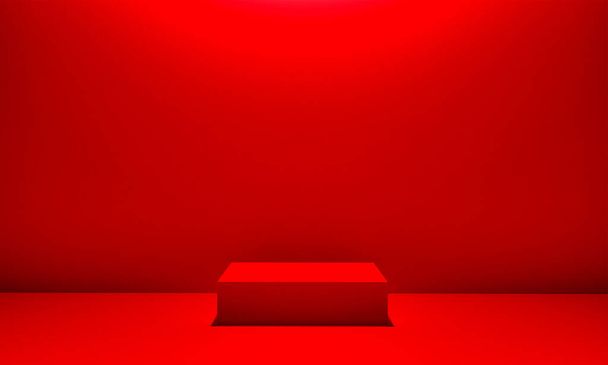 Scéna s červeným barevným pódiem pro modelovou prezentaci ve stylu minimalismu s kopírovacím prostorem, 3D vykreslování abstraktního návrhu pozadí - Fotografie, Obrázek