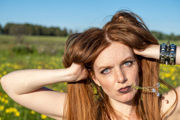 Ragazza dai capelli rossi in un campo tra fiori di campo - Foto, immagini