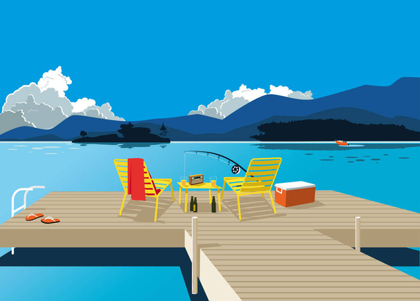 Una cubierta de madera con un conjunto de muebles y herramientas de pesca, hermoso paisaje del lago de verano en el fondo, EPS 8 vector ilustración - Vector, Imagen