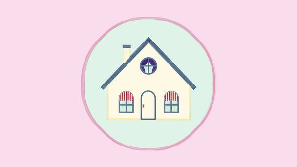 Значок дома. Векторная акварельная иллюстрация иконки для приложений социальной сети с изображением дома. Икона с белым домом с дверью и двумя окнами, украшенными белыми и красными повязками - Вектор,изображение