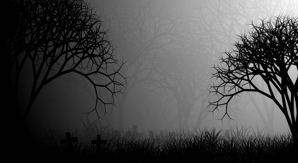 Illustration de la forêt du cimetière fond de conception avec forêt effrayante, croix, champ de gazon et brouillard le matin. - Photo, image