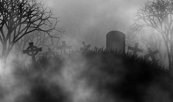 Scary cemetery in creepy forest illustration halloween concept design background with grass field, crosses, tombs, graveyard, fog, and creepy trees. - Photo, Image