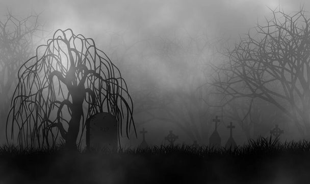 Επιτύμβιες στήλες στο νεκροταφείο τη νύχτα τρόμου στο τρομακτικό παλιό νεκροταφείο που καλύπτεται από ομίχλη. - Φωτογραφία, εικόνα