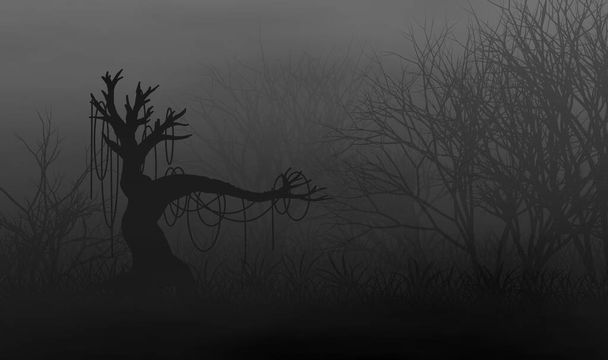 Scary creepy trees forest in the dark illustration design background. - Photo, Image