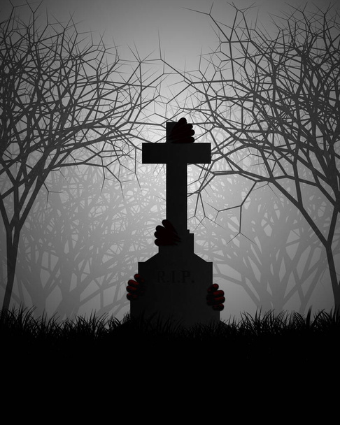 Cadılar Bayramı konsepti, korku gecesinde korkunç ormanda mezarlığın üzerinde şeytan eli üzerinde mezar taşı tasarımı.. - Fotoğraf, Görsel