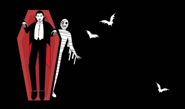 Drácula saindo de seu caixão com a múmia atrás e três morcegos brancos voando no fundo de design de ilustração escura para decoração. - Foto, Imagem
