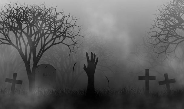 不気味な森のイラストデザインの背景に霧の間で墓地にゾンビの手でハロウィーンのテーマ. - 写真・画像