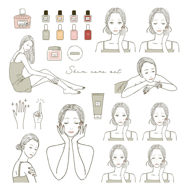 Illustration set of a woman taking care of her skin. - Vector, Image