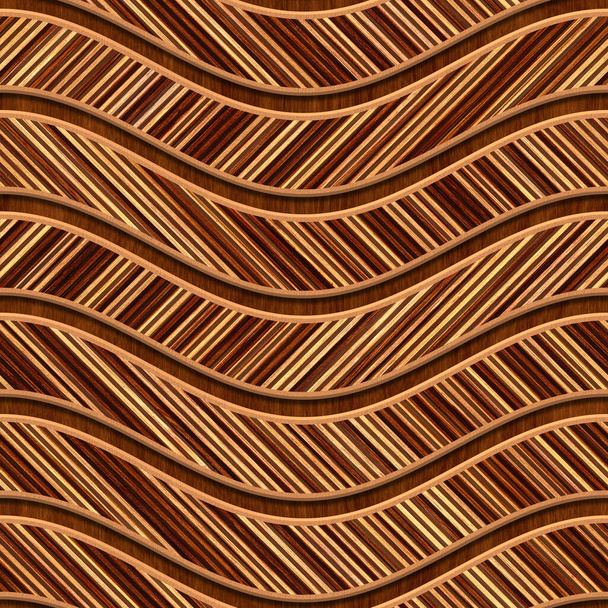 Motif ondulations de sculpture sur fond bois texture sans couture, motif patchwork, bandes diagonales, illustration 3D - Photo, image