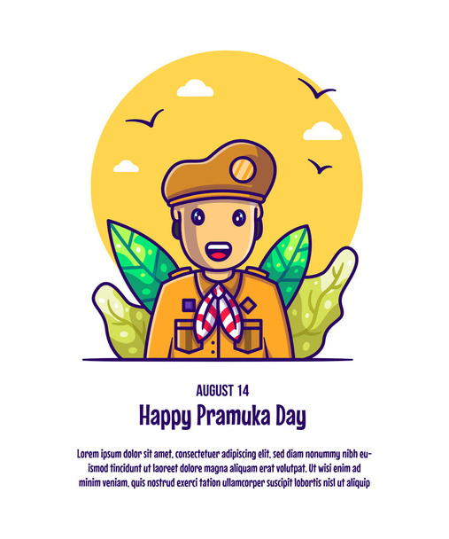 Χαριτωμένο αγόρι φοράει Pramuka φορεσιά Cartoon Vector Εικονογραφήσεις. Pramuka Ημέρα εικονίδιο έννοια απομονωμένη Premium διάνυσμα - Διάνυσμα, εικόνα
