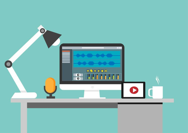 Blogger vagy videoszerkesztő munkahelye monitorral és alkalmazásinterfésszel a videoszerkesztési folyamathoz. professzionális mikrofon vektor illusztráció - Vektor, kép