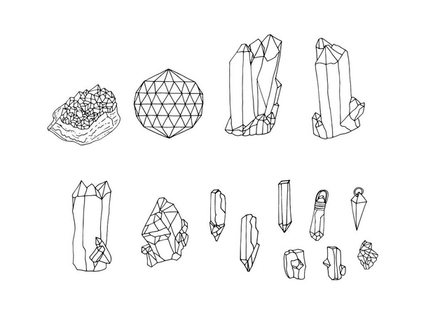 Line art illustration of hand drawn gemstones and crystals set - Vector, Image