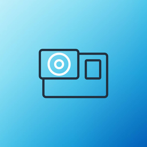 Line Action extreme Kamera Icon isoliert auf blauem Hintergrund. Videokameraausrüstung zum Filmen von Extremsportarten. Buntes Rahmenkonzept. Vektor - Vektor, Bild