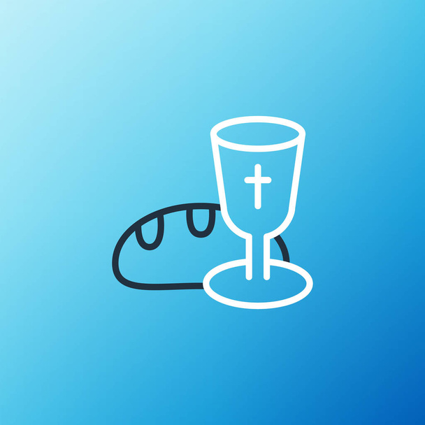Línea de copa y pan icono aislado sobre fondo azul. Pan y copa de vino. Signo de comunión. Concepto de esquema colorido. Vector - Vector, imagen