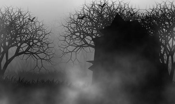 Дом с привидениями стоял один среди жутких деревьев и туман покрыл все. - Фото, изображение