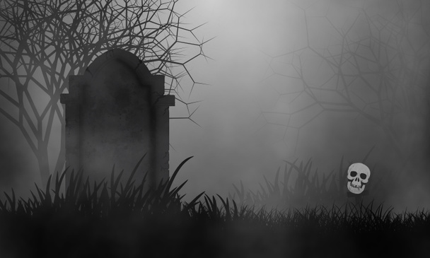 Elhagyatott Régi és vintage sírkő a temetőben koponya borított Krisztus kereszt kísérteties erdőben. - Fotó, kép