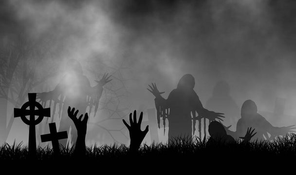 Zombies έννοια της πόλης για αποκριές εικονογράφηση εορτασμού φόντο σχεδιασμό με πολλά ζόμπι στο νεκροταφείο σε τρομακτική νύχτα. - Φωτογραφία, εικόνα
