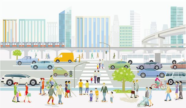 Silueta moderna de la ciudad con tráfico por carretera y peatones en el cruce de cebra, ilustración - Vector, Imagen