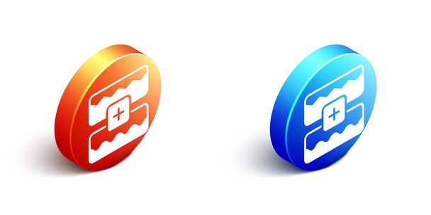 Isometric Music wave equalizer icon isolated on white background. Sound wave. Audio digital equalizer technology, console panel, pulse musical. Orange and blue circle button. Vector. - Vector, Image