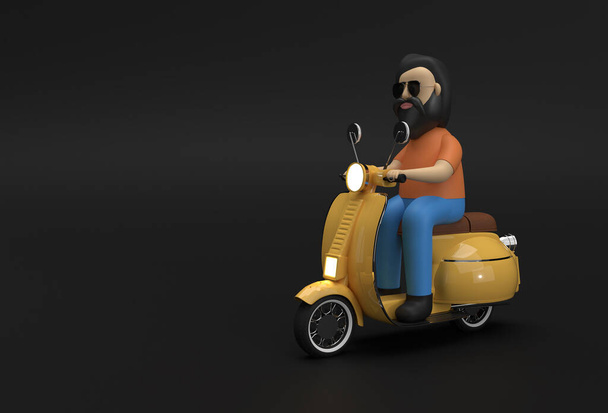3D Render Man Riding Motor Scooter Side View σε μαύρο φόντο. - Φωτογραφία, εικόνα