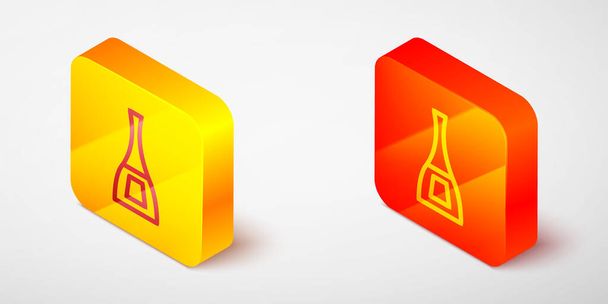 Linea isometrica Bottiglia di icona smalto isolato su sfondo grigio. Pulsante quadrato giallo e arancione. Vettore - Vettoriali, immagini