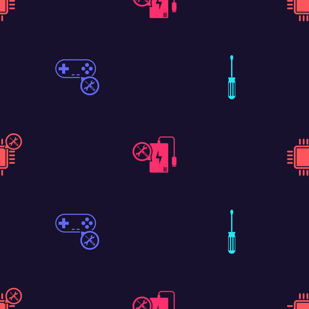 Set Screwdriver, Gamepad service, Power bank and Processor on seamless pattern. Vector. - ベクター画像