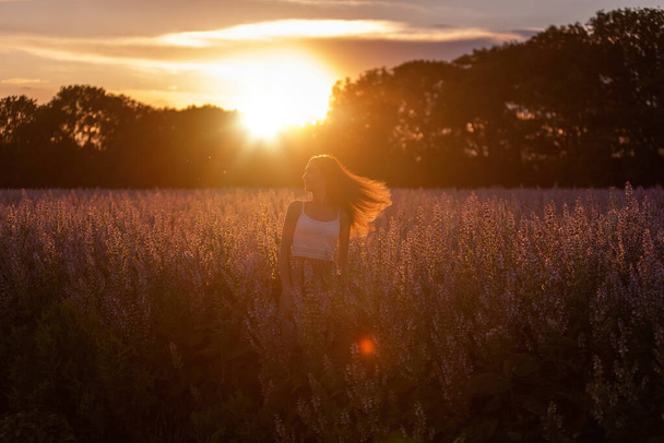 Young woman in white T-shirt, powdery shorts stands by blooming pink sage field. Portrait girls in the orange rays of the sun, hair fluttering in the wind at sunset. Flower texture. Travel out of town - Φωτογραφία, εικόνα