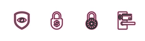 Set line Pajzs és szem, Biztonságos kombináció zár kerék, Pénz és digitális ajtó vezeték nélküli ikon. Vektor. - Vektor, kép