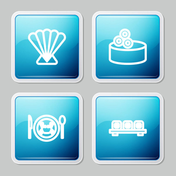 Set line Scallop sea shell, Tin can with caviar, Served crab on plate and Sushi cutting board icon. Vector - Vector, Image
