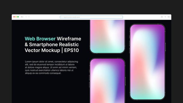 Webový prohlížeč Wireframe a Smartphone Realistické Vector Mockup. Vodorovný snímek přechodu pro prezentaci - Vektor, obrázek