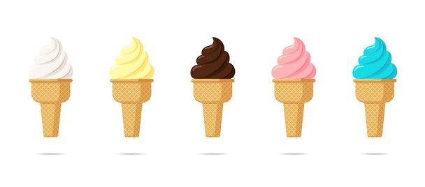 Вкусное многоцветное мороженое, кружащееся в наборе вафельных рожков. Ванильный шоколад и клубничное фисташковое мороженое на белом фоне. Симпатичная иллюстрация дизайна мультфильма - Вектор,изображение