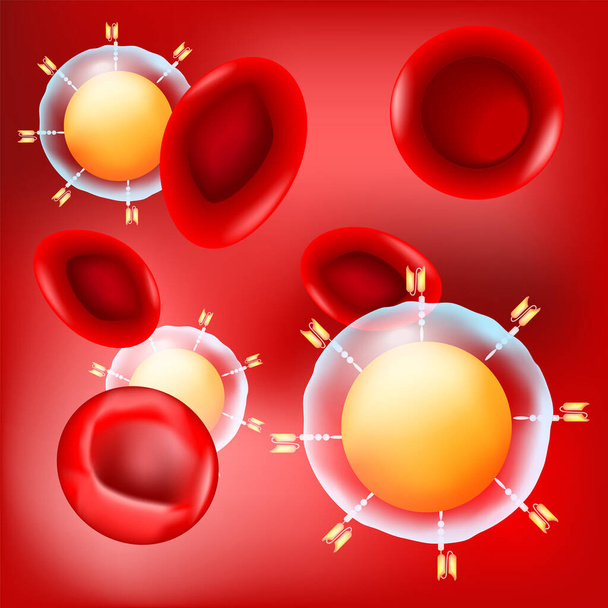 CAR t-cell and red blood cells on red background.  - Vector, Image
