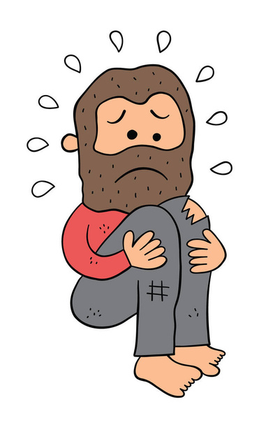 Cartoon homeless man crouching and very sad, vector illustration. Colored and black outlines. - Vector, Image