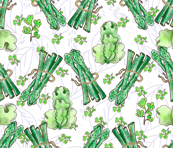 Green vegetables and garden's herb, asparagus, green salad, thyme. Hand drawn seamless pattern. - Foto, immagini