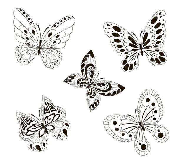 Vector background with the image set of black and white butterflies in the form of a tribal tattoo - Вектор, зображення