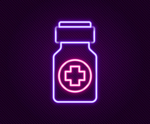Светящаяся неоновая линия Бутылка с лекарствами и значок таблеток изолированы на черном фоне. Вывеска с таблетками. Аптечный дизайн. Красочная концепция контура. Вектор - Вектор,изображение
