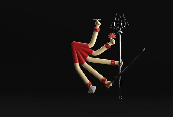 3D Render Boldog Durga Puja Háttér Istennő Durga Fesztivál Nő Kéz karddal és Triden. - Fotó, kép