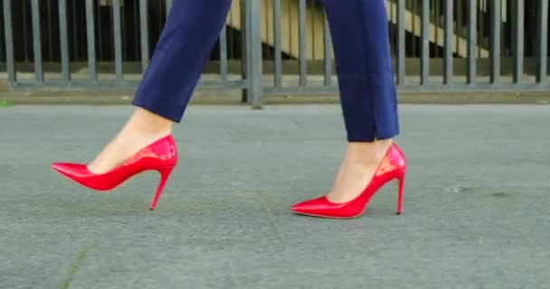 Hermosas piernas femeninas en zapatos rojos están caminando por la ciudad. Empresaria  - Imágenes, Vídeo