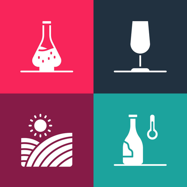 Set pop art Wine temperature, Vineyard wine grapes, glass and Decanter for icon. Vector - Vektor, kép