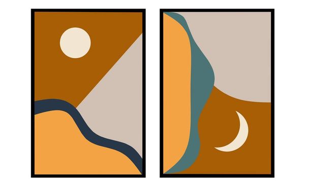 2つの山の月と太陽のボホールの壁の芸術を設定します。ボヘミアン壁の装飾。茶色の中性色の壁の装飾。グリーティングカード招待状壁紙の背景ポスター. - ベクター画像