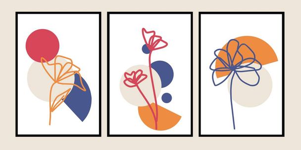 Set three of flowers wall art. Bontanical flowers wall decor. Leaf and florals wall Decorations. Home Decorations. Minimalist Scandinavian style. Organic shapes art deco. Greetings cards invitation poster wallpaper background. - Vector, Image