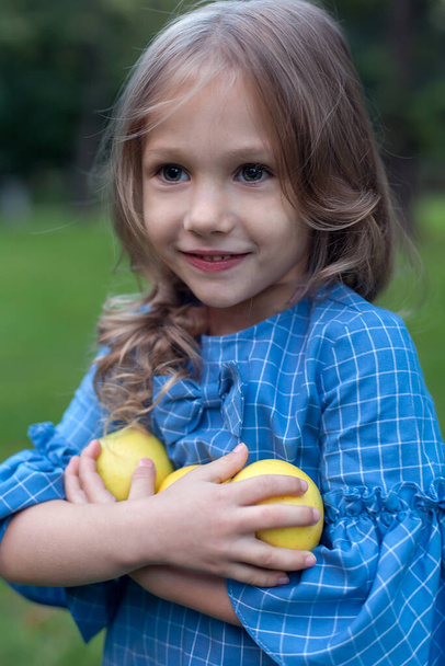 Niña feliz sosteniendo manzanas en el jardín
 - Foto, imagen