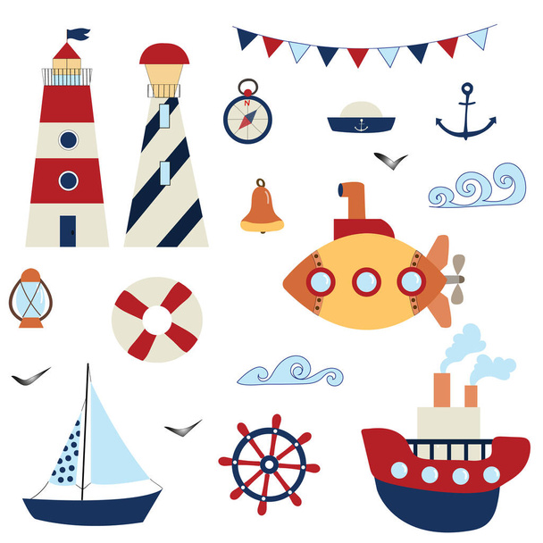Nautical set. Marine theme. Sea travel. Anchor, steering wheel, ships, lighthouses, seagull, compass, bell, submarine, life buoy. - Vector, afbeelding
