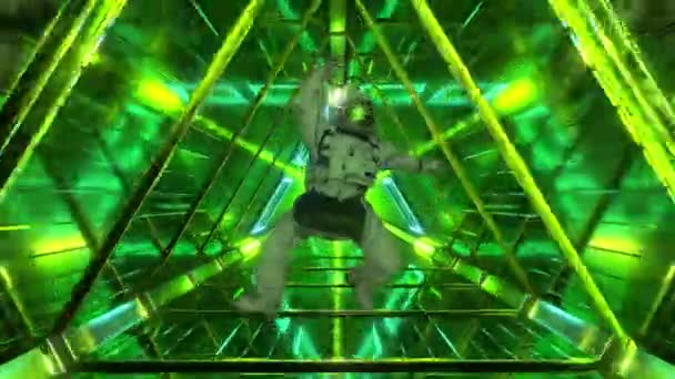 宇宙船の廊下に落下する宇宙飛行士。タイトルと背景のためのSci-Fi未来的な宇宙トンネルVJ 。ネオンだ。シームレスループの4kアニメーション - 映像、動画
