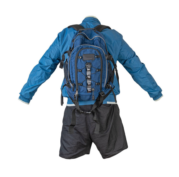 blue backpack,black shorts,blue summer windbreaker jacket isolated on white background. casual wear - Fotografie, Obrázek